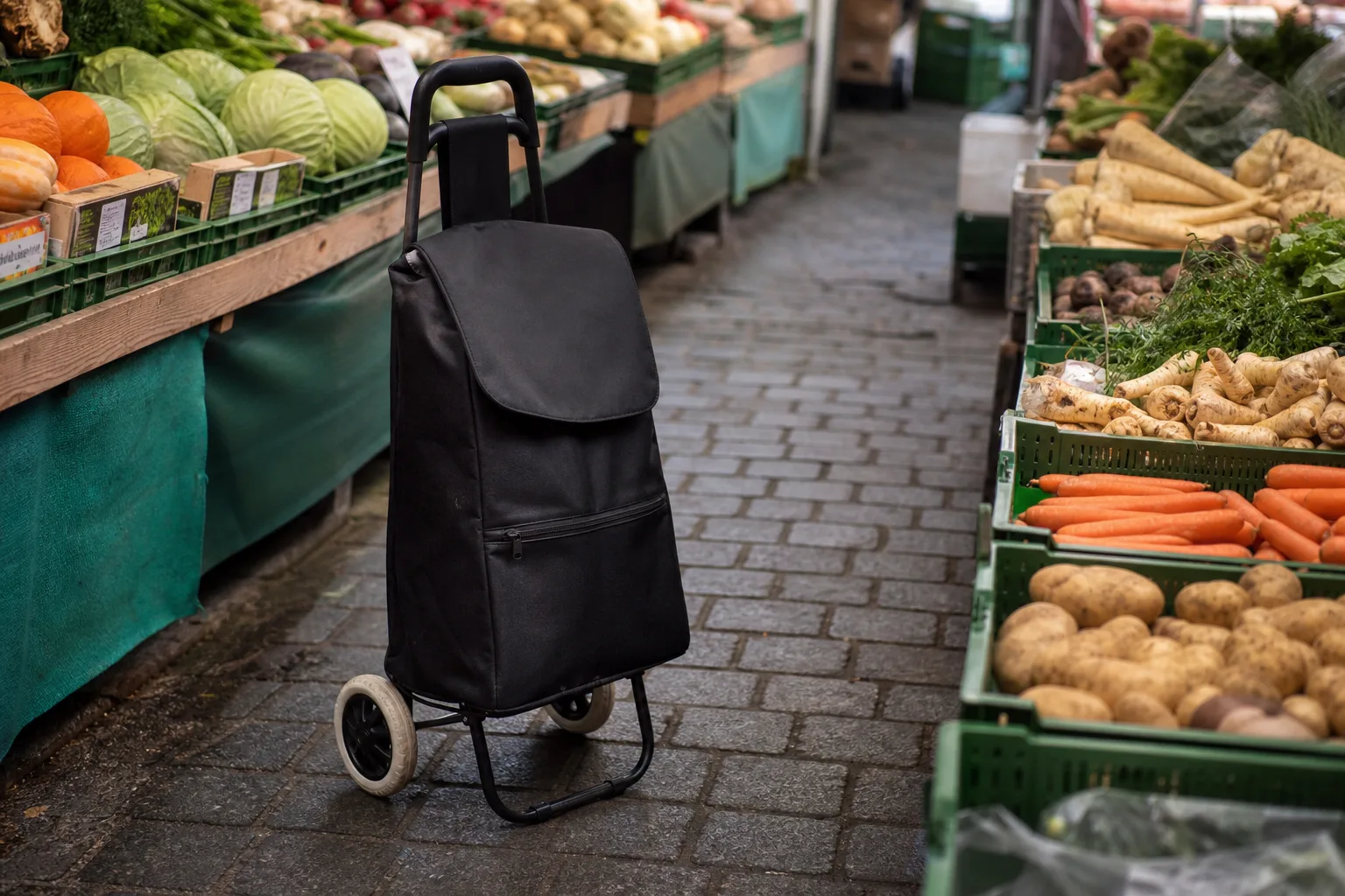 Einkaufstrolley auf dem Wochenmarkt: Umgang an engen Staenden